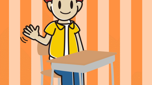 教室の席で手を振る男子大学生のイラスト【色、背景あり】PNG