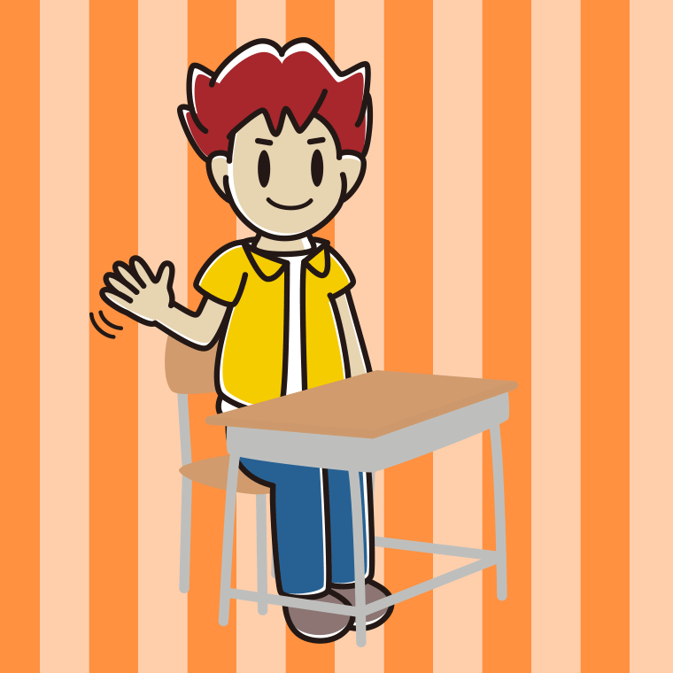 教室の席で手を振る男子大学生のイラスト【色、背景あり】PNG