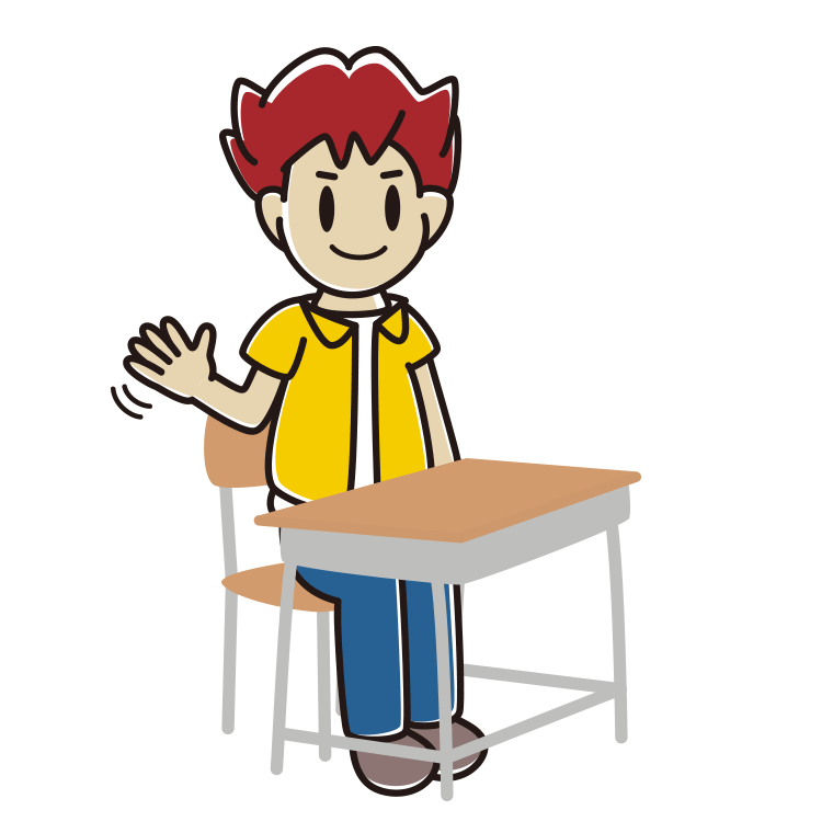 教室の席で手を振る男子大学生のイラスト【色あり、背景なし】透過PNG