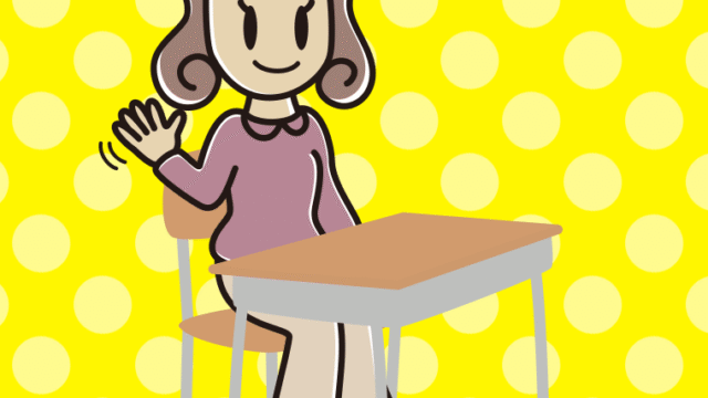 教室の席で手を振る女子大学生のイラスト【色、背景あり】PNG
