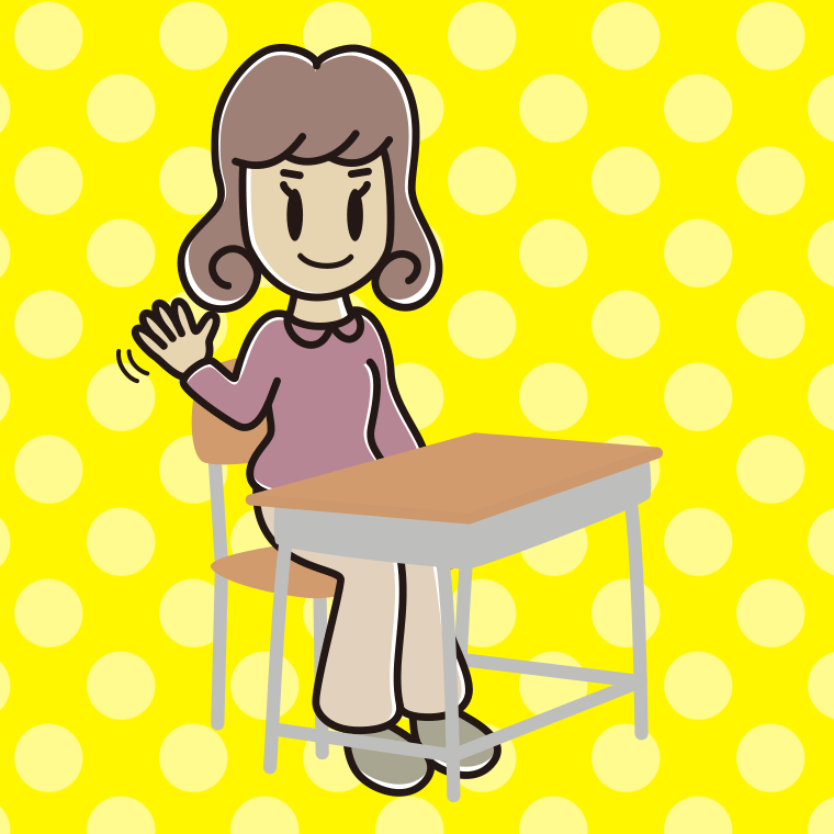 教室の席で手を振る女子大学生のイラスト【色、背景あり】PNG