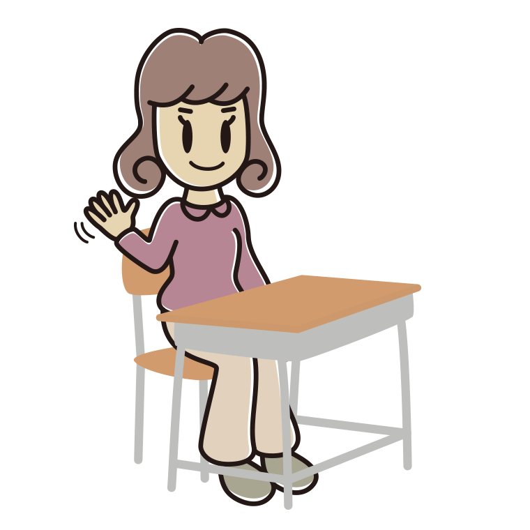 教室の席で手を振る女子大学生のイラスト【色あり、背景なし】透過PNG