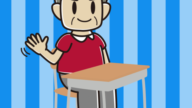 教室の席で手を振るおじさんのイラスト【色、背景あり】PNG
