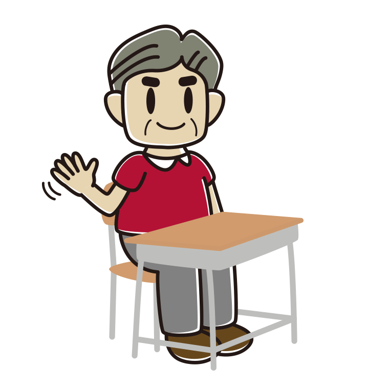 教室の席で手を振るおじさんのイラスト【色あり、背景なし】透過PNG