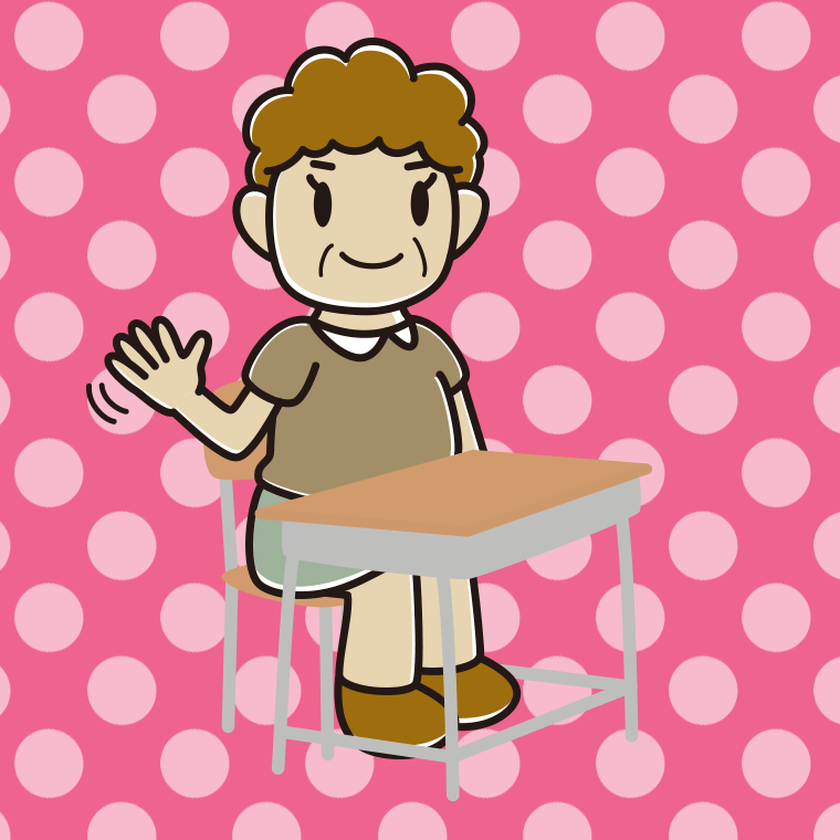 教室の席で手を振るおばさんのイラスト【色、背景あり】PNG