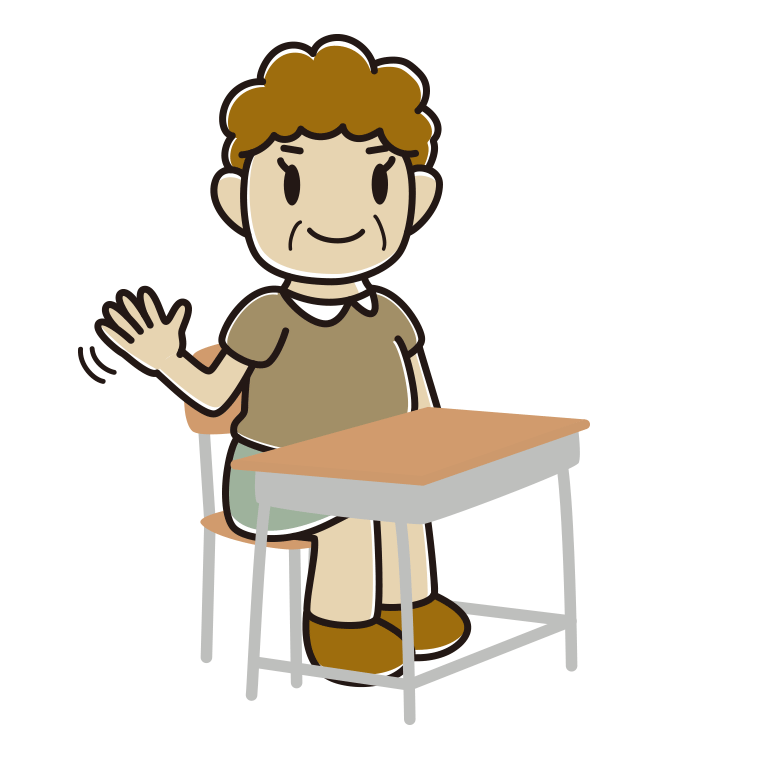 教室の席で手を振るおばさんのイラスト【色あり、背景なし】透過PNG