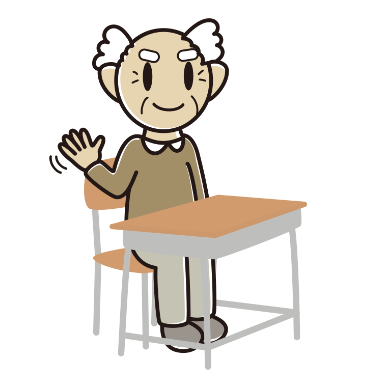 教室の席で手を振るおじいさんのイラスト【色あり、背景なし】透過PNG
