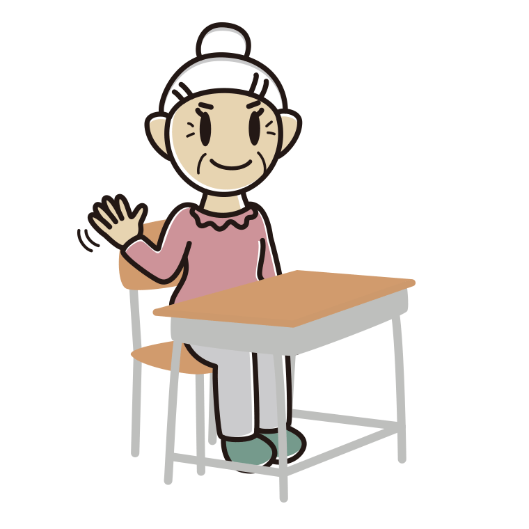 教室の席で手を振るおばあさんのイラスト【色あり、背景なし】透過PNG
