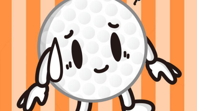 苦笑いするゴルフボールちゃんのイラスト【色、背景あり】PNG