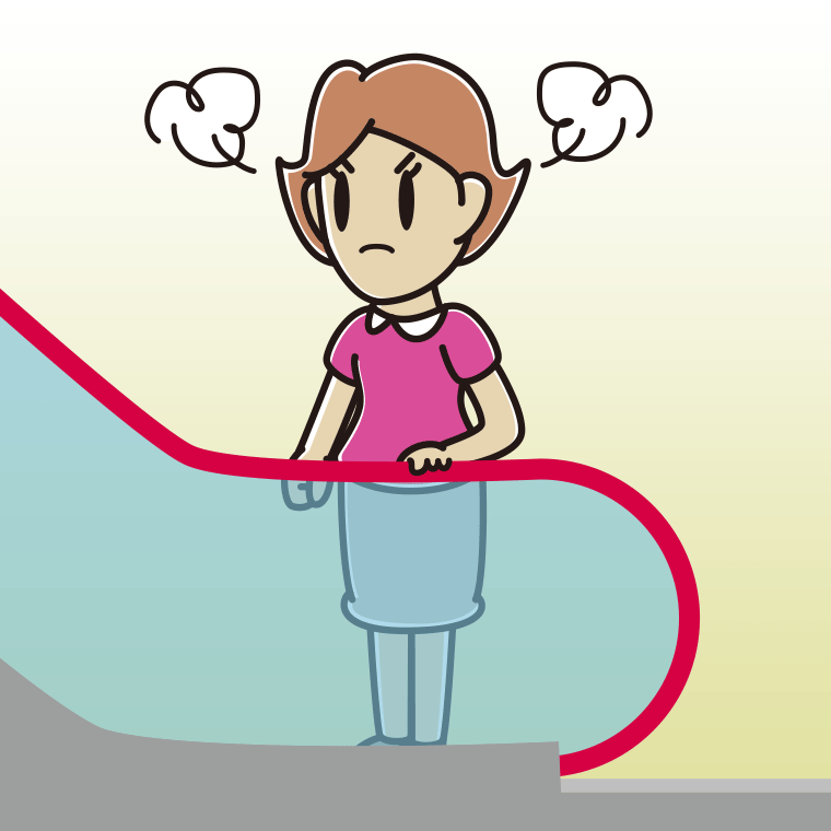 エスカレーターで怒る女性のイラスト【色、背景あり】PNG