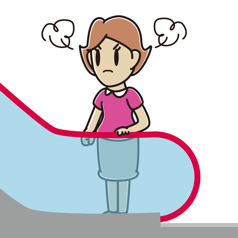 エスカレーターで怒る女性のイラスト【色あり、背景なし】透過PNG