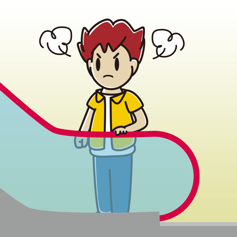 エスカレーターで怒る男子大学生のイラスト【色、背景あり】PNG