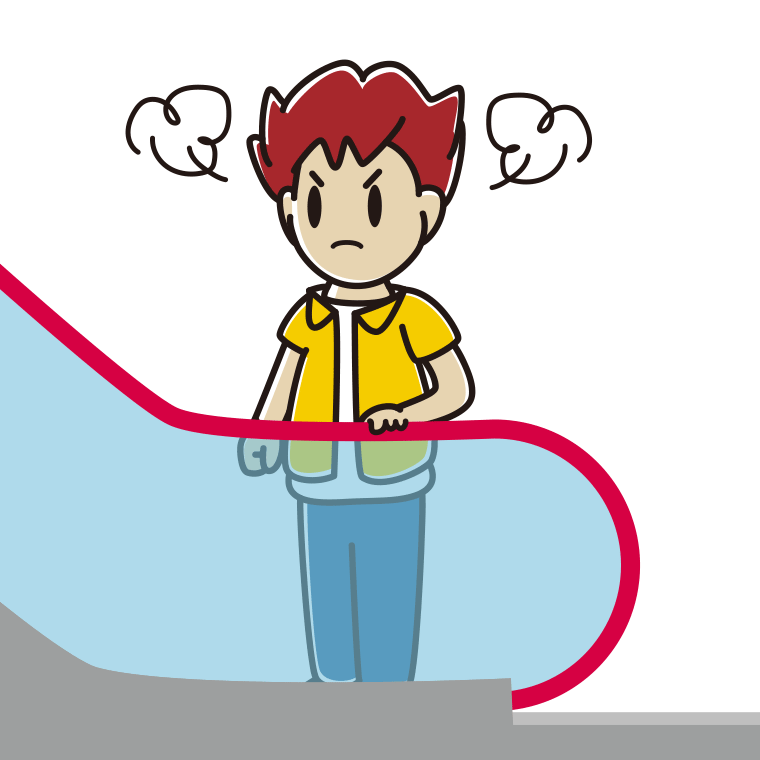 エスカレーターで怒る男子大学生のイラスト【色あり、背景なし】透過PNG