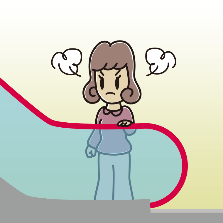 エスカレーターで怒る女子大学生のイラスト【色、背景あり】PNG