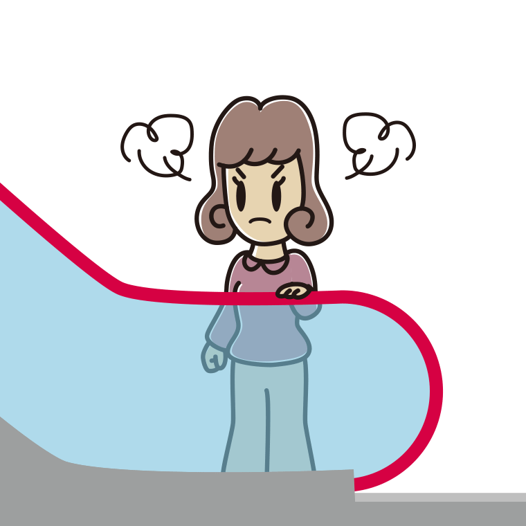 エスカレーターで怒る女子大学生のイラスト【色あり、背景なし】透過PNG