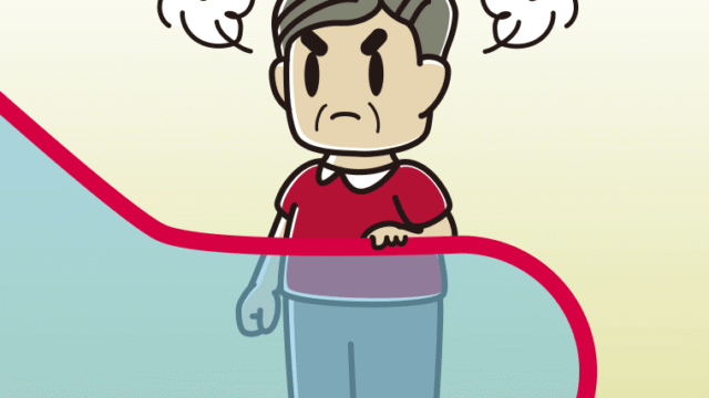 エスカレーターで怒るおじさんのイラスト【色、背景あり】PNG