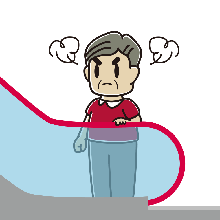 エスカレーターで怒るおじさんのイラスト【色あり、背景なし】透過PNG