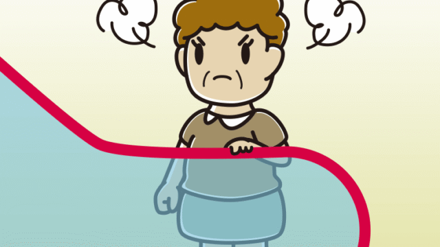 エスカレーターで怒るおばさんのイラスト【色、背景あり】PNG