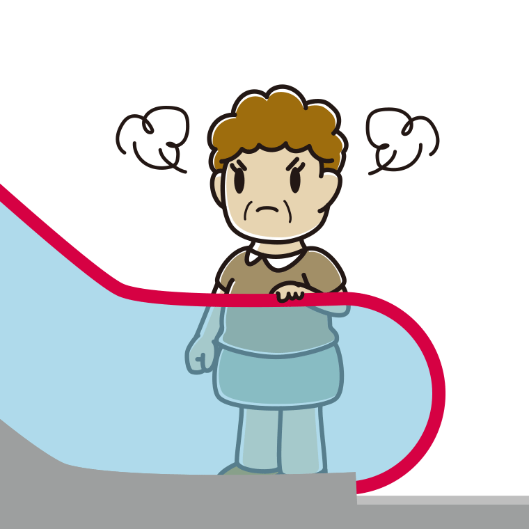 エスカレーターで怒るおばさんのイラスト【色あり、背景なし】透過PNG