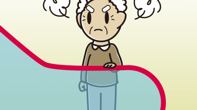 エスカレーターで怒るおじいさんのイラスト【色、背景あり】PNG