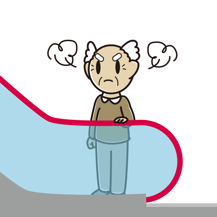 エスカレーターで怒るおじいさんのイラスト【色あり、背景なし】透過PNG