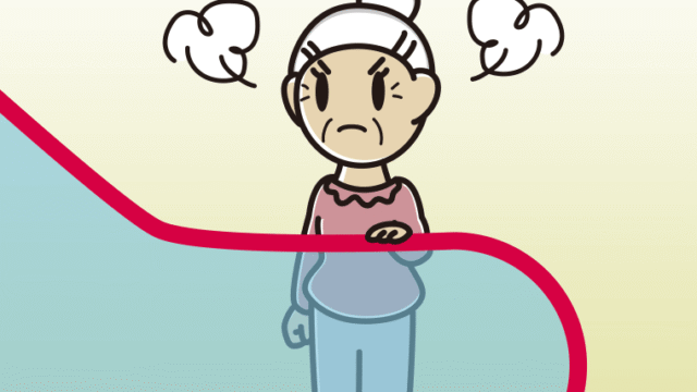 エスカレーターで怒るおばあさんのイラスト【色、背景あり】PNG