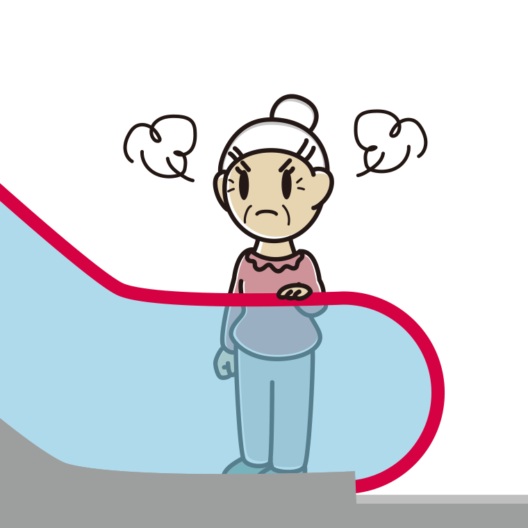 エスカレーターで怒るおばあさんのイラスト【色あり、背景なし】透過PNG