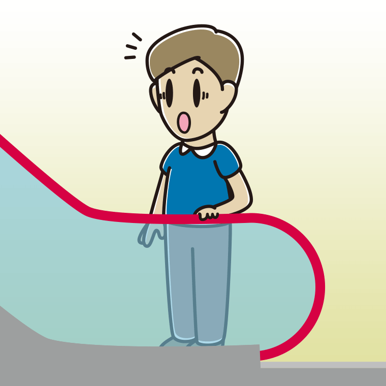 エスカレーターで驚く男性のイラスト【色、背景あり】PNG
