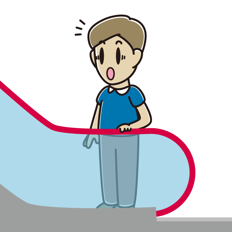エスカレーターで驚く男性のイラスト【色あり、背景なし】透過PNG
