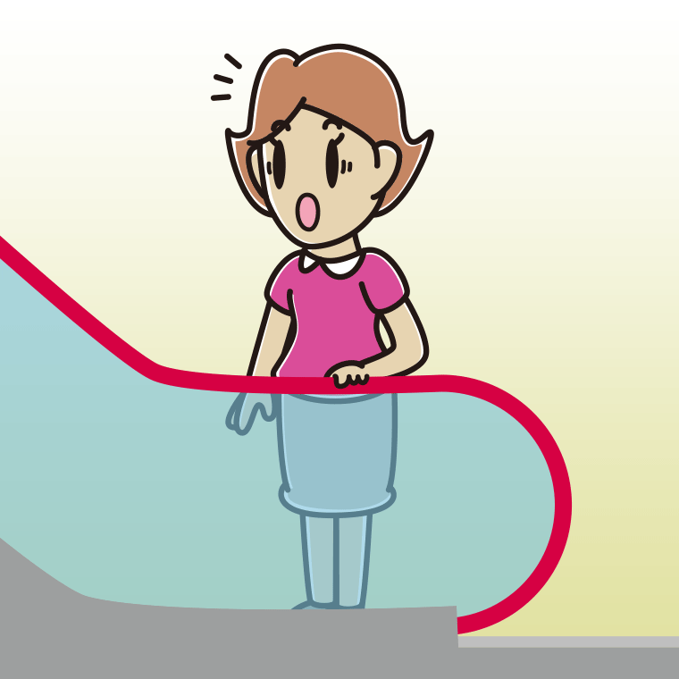 エスカレーターで驚く女性のイラスト【色、背景あり】PNG