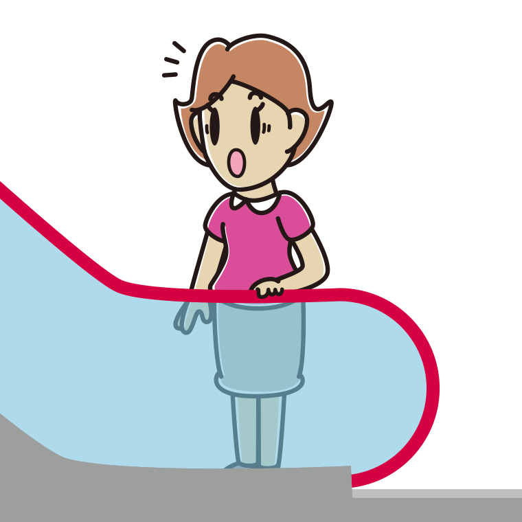エスカレーターで驚く女性のイラスト【色あり、背景なし】透過PNG