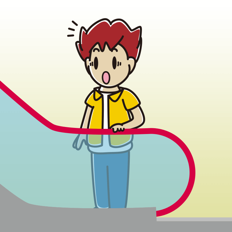 エスカレーターで驚く男子大学生のイラスト【色、背景あり】PNG