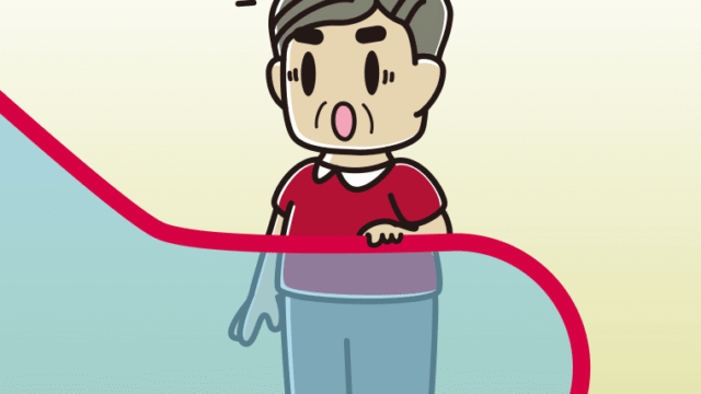 エスカレーターで驚くおじさんのイラスト【色、背景あり】PNG