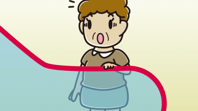 エスカレーターで驚くおばさんのイラスト【色、背景あり】PNG