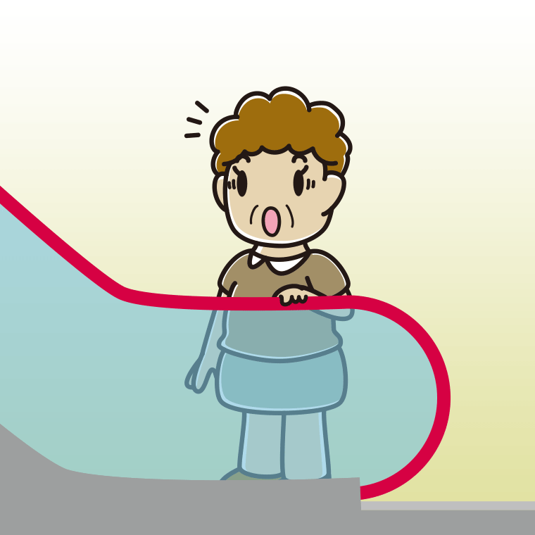 エスカレーターで驚くおばさんのイラスト【色、背景あり】PNG