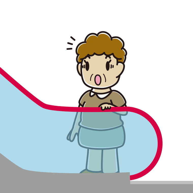 エスカレーターで驚くおばさんのイラスト【色あり、背景なし】透過PNG