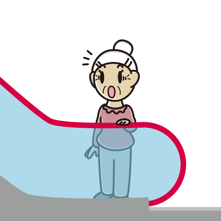 エスカレーターで驚くおばあさんのイラスト【色あり、背景なし】透過PNG