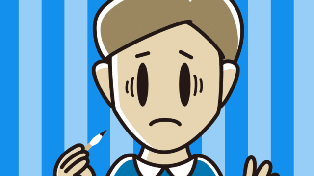 筆を持って困る男性のイラスト【色、背景あり】PNG