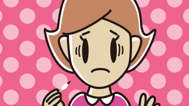 筆を持って困る女性のイラスト【色、背景あり】PNG