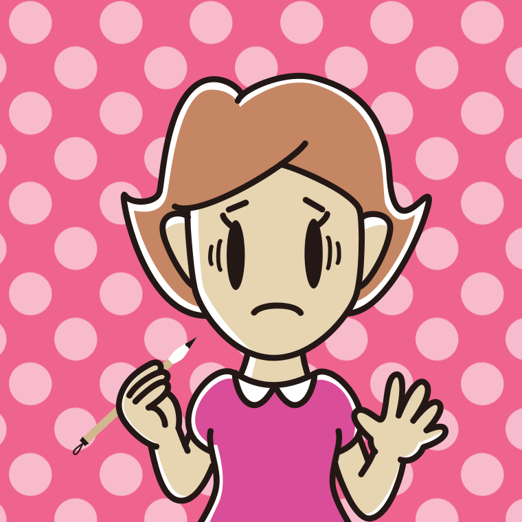 筆を持って困る女性のイラスト【色、背景あり】PNG