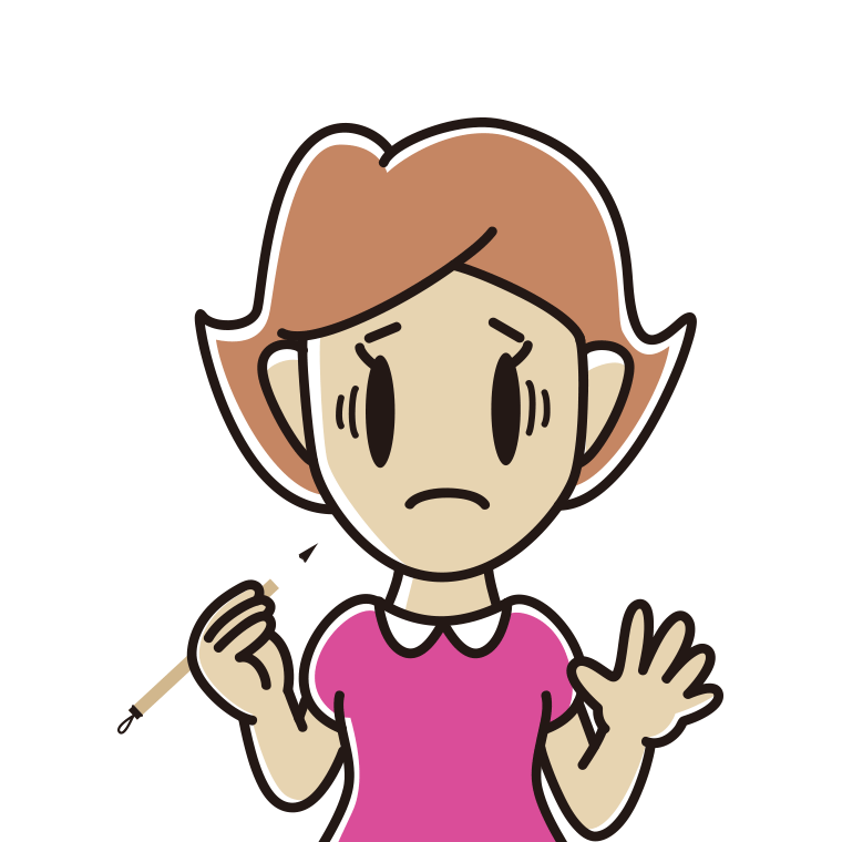 筆を持って困る女性のイラスト【色あり、背景なし】透過PNG