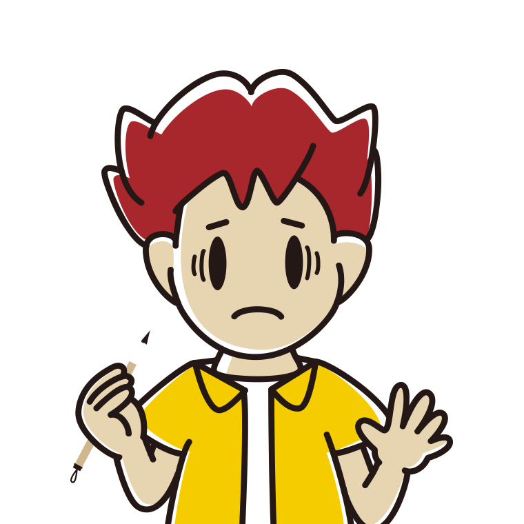 筆を持って困る男子大学生のイラスト【色あり、背景なし】透過PNG