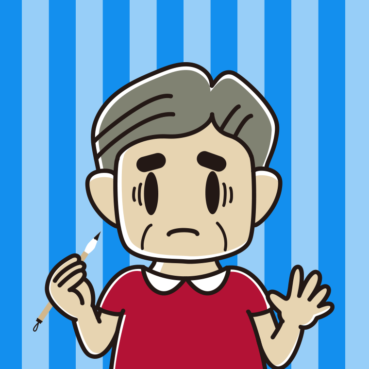 筆を持って困るおじさんのイラスト【色、背景あり】PNG