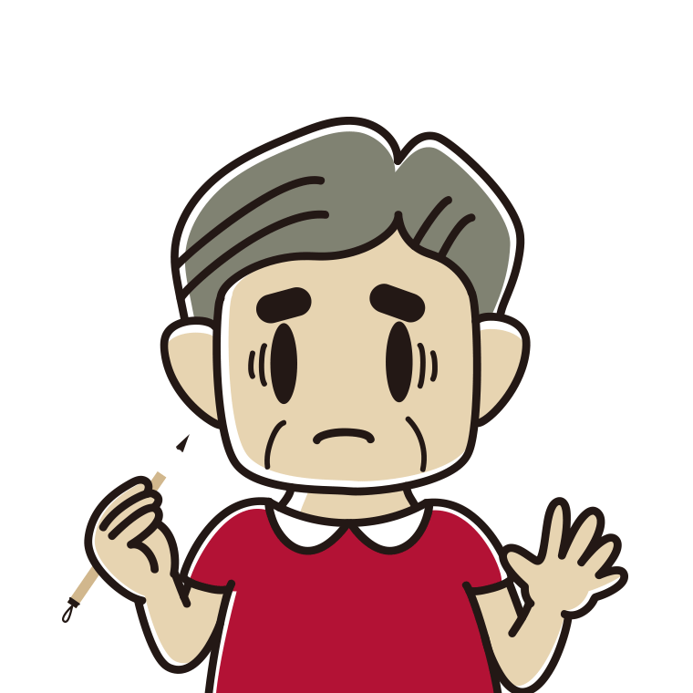 筆を持って困るおじさんのイラスト【色あり、背景なし】透過PNG