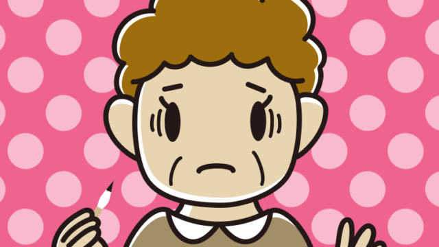 筆を持って困るおばさんのイラスト【色、背景あり】PNG
