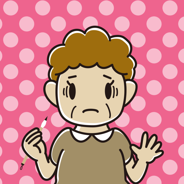 筆を持って困るおばさんのイラスト【色、背景あり】PNG