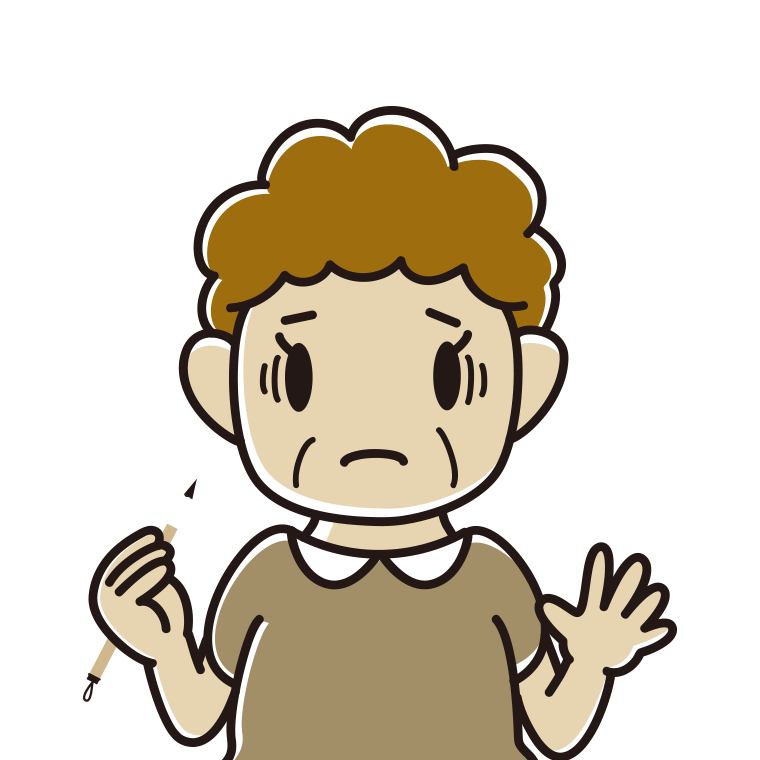筆を持って困るおばさんのイラスト【色あり、背景なし】透過PNG