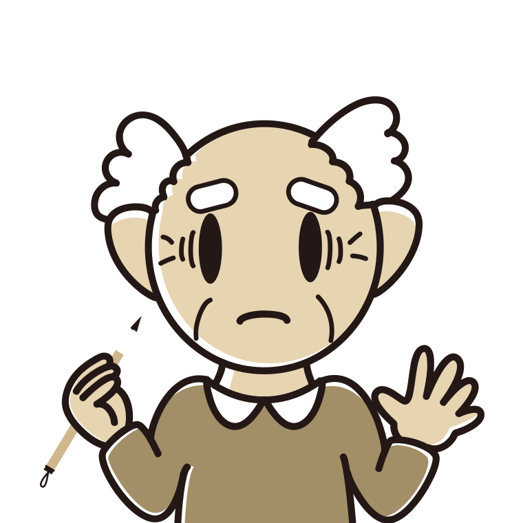 筆を持って困るおじいさんのイラスト【色あり、背景なし】透過PNG
