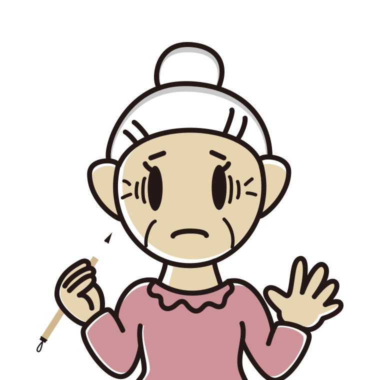 筆を持って困るおばあさんのイラスト【色あり、背景なし】透過PNG