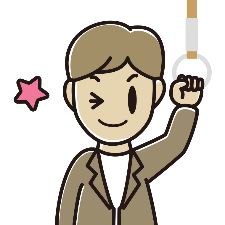 つり革につかまりウインクする男性会社員（カジュアル）のイラスト【色あり、背景なし】透過PNG